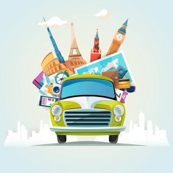 Euro-trip by retro car — Stock Vector