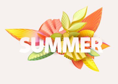 Renkli tropikal yapraklar. Yaz çiçeği tasarımı. Tipografik kompozisyon.