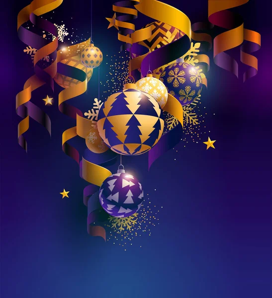 Decoraciones Del Árbol Navidad Bolas Año Nuevo Con Cintas Estrellas — Vector de stock