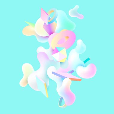 Mavi arka planda akıcı renkli kabarcıklar. Soyut kompozisyon