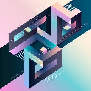 Soyut çok renkli imkansız şekiller. Parlak geometrik bileşim.