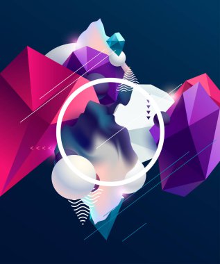 Çokgen elementler, geometrik şekiller ve dış çerçeve ile soyut poster tasarımı