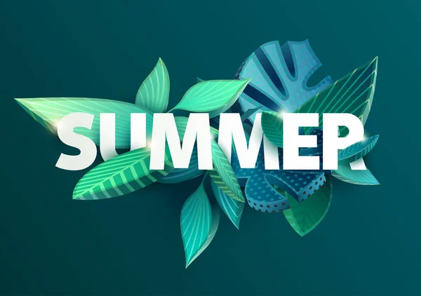 Zomer Letters Bloemgroene Typografische Poster Gestileerde Tropische Bladeren — Stockvector