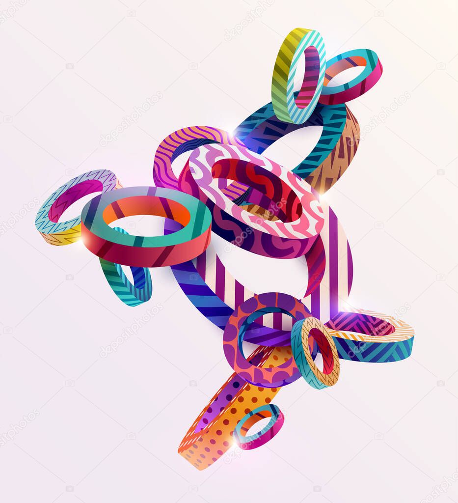 Colorful 3D patterned rings on light background. Bright geometric design.