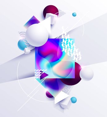 Çok renkli kareler ve topların soyut geometrik bileşimi. Parlak vektör sanat arkaplanı.