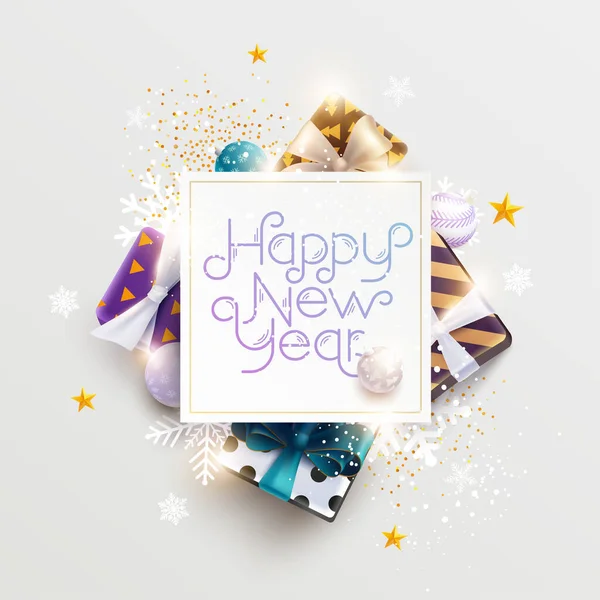 Feliz Año Nuevo Tarjeta Felicitación Con Regalos Bolas Ilustración Brillante — Vector de stock