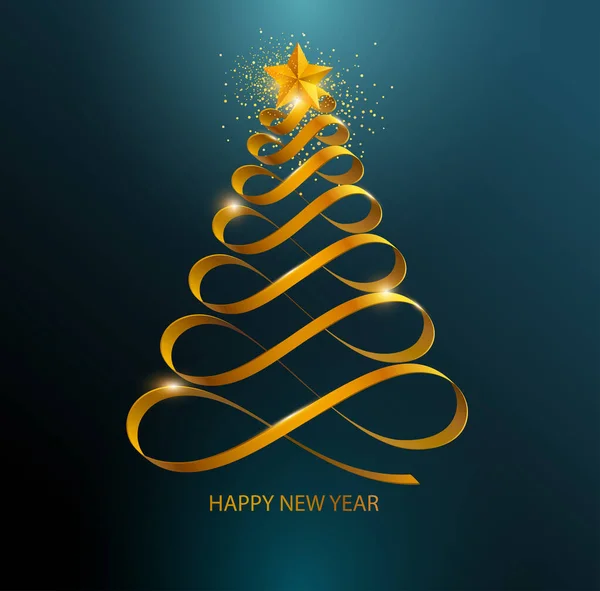 Stylized Christmas Tree Golden Calligraphic Curved Ribbon Dark Background — 图库矢量图片