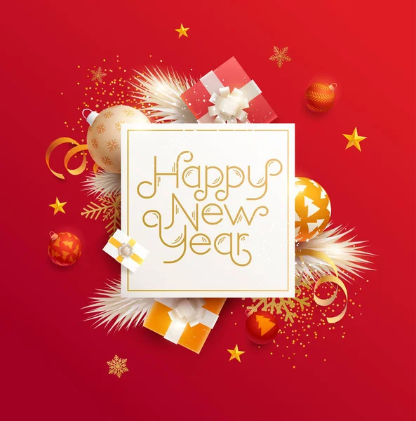 Feliz Ano Novo Cartão Saudação Com Presentes Bolas Floco Neve —  Vetores de Stock