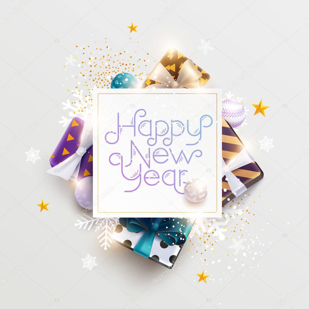 Happy New Year greeting card with gifts and balls. Bright holiday illustration.