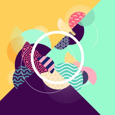 Beyaz çerçeveli soyut renkli geometrik kompozisyon. Parlak desenli daireler.