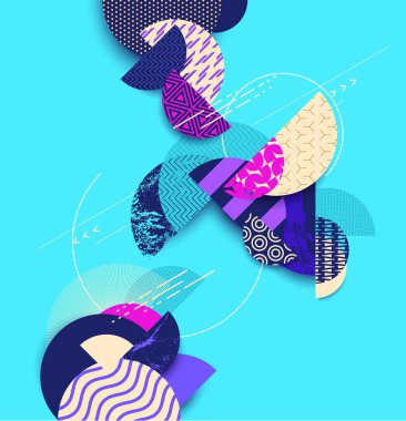 Mavi arka planda desenli ve desenli daireler. Parlak geometrik bileşim.