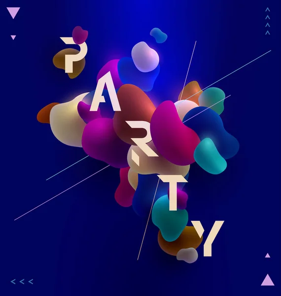 Diseño Póster Fiesta Formas Coloridas Fluidas Líquidas Con Letras — Vector de stock