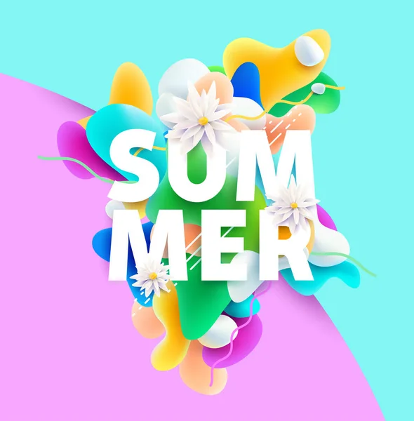 Ljusa Färgglada Sommar Affisch Vita Bokstäver Med Blommor Och Flytande — Stock vektor