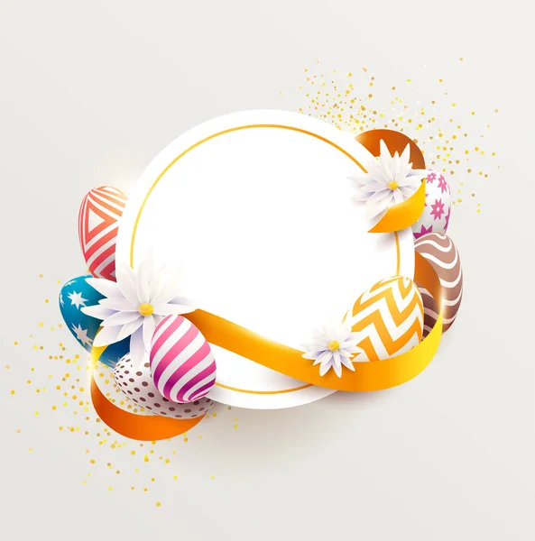 Pascua Diseño Colorido Bandera Blanca Con Huevos Cinta Dorada Ilustración — Vector de stock