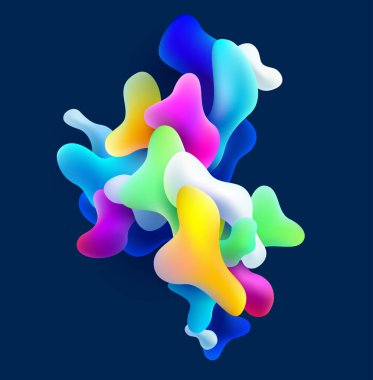 Mavi arka planda sıvı renkli şekiller var. 3B Parlak soyut kompozisyon.