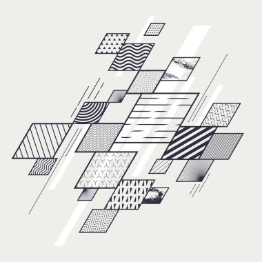 Soyut monokrom geometrik kompozisyon. Desenli ve desenli dikdörtgenler.