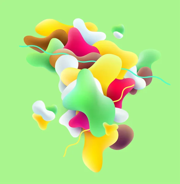 緑の背景に液体と流体のカラフルな形状 3D明るい抽象的な構成 — ストックベクタ