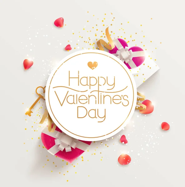 San Valentino Banner Circolare Con Petali Rosa Confezione Regalo Design — Vettoriale Stock