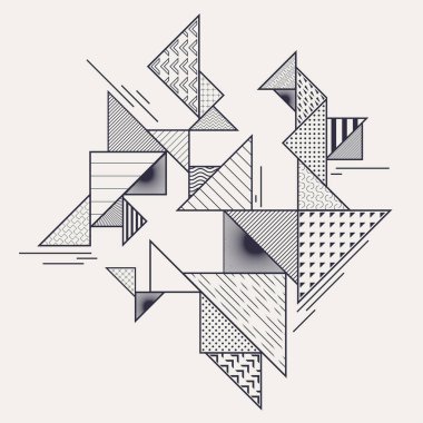 Soyut monokrom geometrik kompozisyon. Işık arkaplanındaki desenli ve desenli üçgenler.