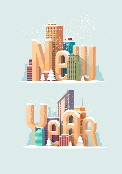 Neujahrs Grußkarten Design Winterurbanes Stadtbild Und Große Lettern Bunte Feiertagsillustration — Stockvektor