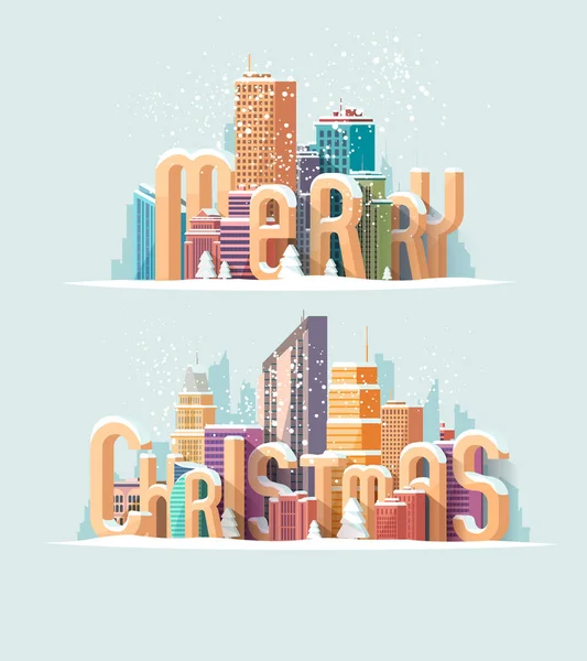 Design Cartão Saudação Natal Paisagem Urbana Inverno Letras Grandes Ilustração — Vetor de Stock