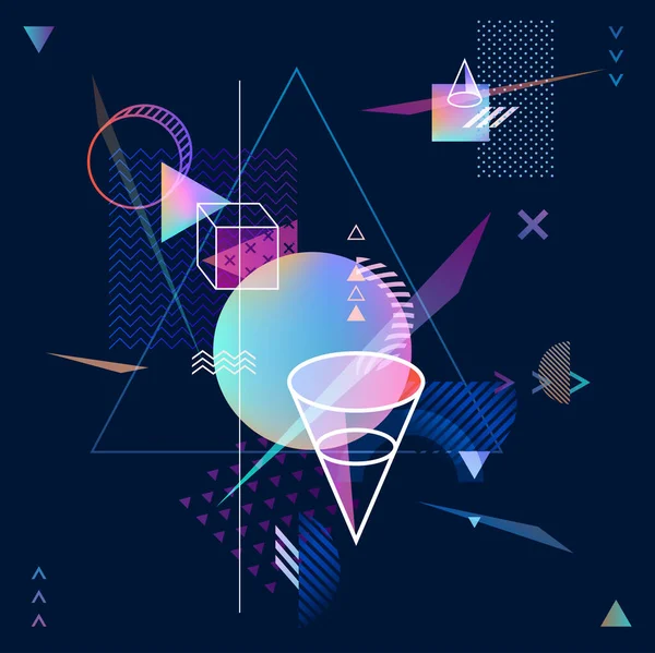 Абстрактный Неоновый Геометрический Состав Красочные Круги Треугольники Темном Фоне — стоковый вектор