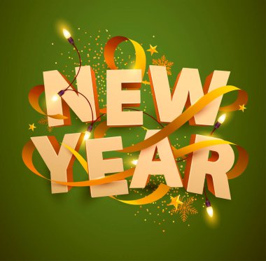 Yeni yıl posteri. Altın kurdeleli ve çelenkli 3D yazı. Tebrik kartı tasarımı