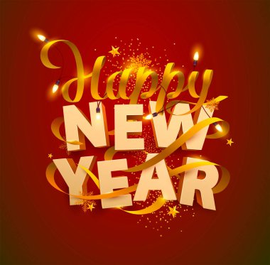 Yeni yıl tebrik kartı. Altın kurdeleli ve çelenkli 3D yazı