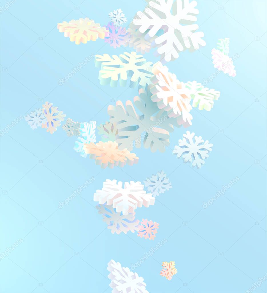 Light multicolored 3D snowflakes on blue background. Winter vector illustration