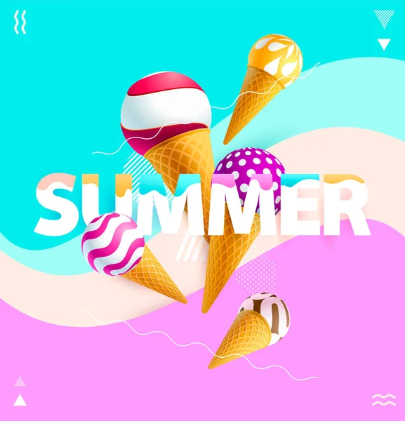 Nyár Szó Színes Fagylaltkúppal Fényes Vektor Illusztráció — Stock Vector