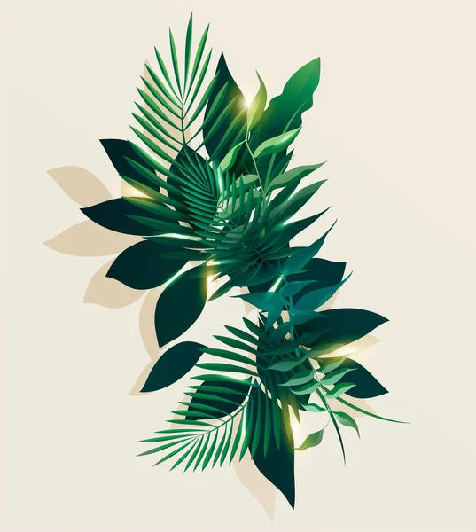 Composición Hojas Verdes Tropicales Sobre Fondo Claro Diseño Floral Verano — Vector de stock