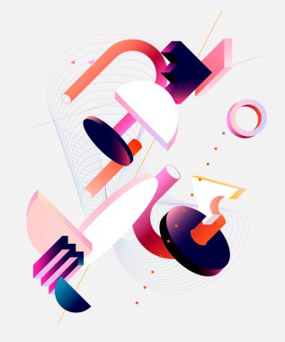 Renkli geometrik şekillerin soyut bileşimi. İzometrik vektör arkaplanı