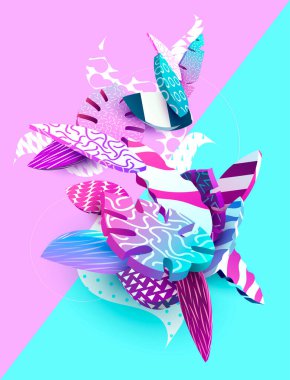 Parlak üç boyutlu tropikal yapraklar. Yaz çiçeği tasarımı