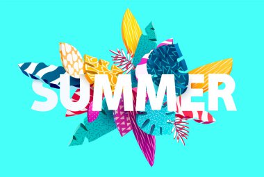 Yaz harfleri tasarımı. Renkli 3 boyutlu tropikal yapraklar.