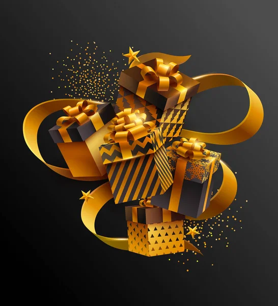 Holiday Gift Boxes Gold Ribbon Black Background — Stock Vector