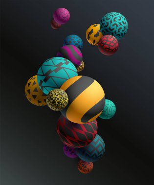 Koyu arkaplanda üç boyutlu dekoratif toplar. Soyut vektör illüstrasyonu.