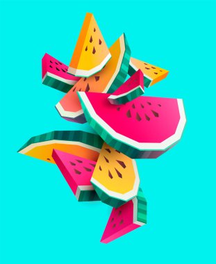 Parlak arka planda taze dilimlenmiş karpuz meyvesi. Çokgen vektör çizimi.