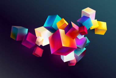 Koyu arkaplanda renkli 3 boyutlu küpler. Soyut geometrik bileşim.