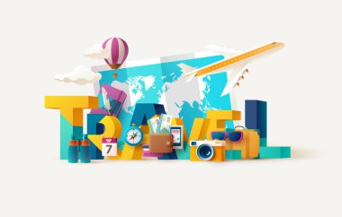 Seyahat harfleri tasarımı. Üzerinde yazı ve simgeler olan 3D Typographic posteri. Tatil vektör illüstrasyonu.