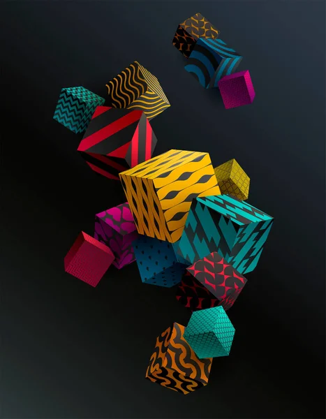 暗い背景にカラー3Dパターンキューブ 抽象ベクトル図 — ストックベクタ