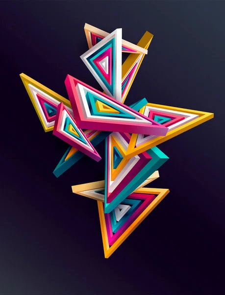3D彩色条纹三角形在黑暗的背景 艺术几何形状 — 图库矢量图片