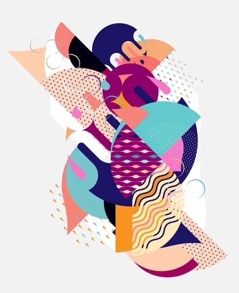 Sanat soyut renkli kompozisyon. Beyaz arkaplanda parlak desenli geometrik şekiller.