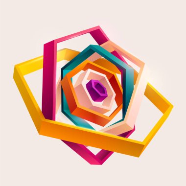Renkli altıgenlerin soyut üç boyutlu geometrik şekli. Parlak minimalist grafik ögesi.