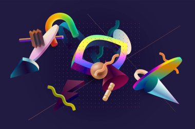 Üç boyutlu geometrik şekillerin soyut grafik bileşimi. Neon soyut tasarımı.