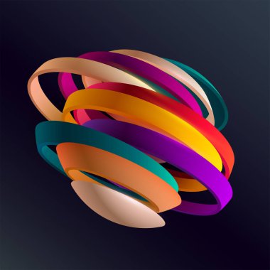 Koyu arkaplanda üç boyutlu renkli halkalar. Soyut geometrik şekil.