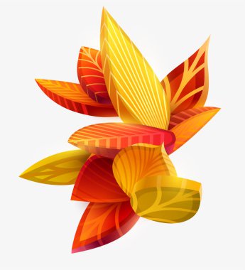 Sonbahar 3D yaprakları. Kırmızı ve sarı mevsimlik yapraklar.