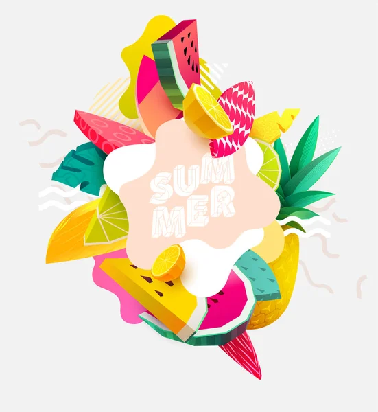 Banner Verão Com Frutas Cítricas Coloridas Folhas Tropicais Desenho Corte —  Vetores de Stock