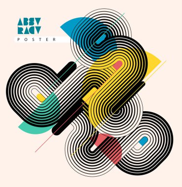 Soyut retro arka plan. Çemberli ve çizgili geometrik poster. Dinamik renk bileşimi