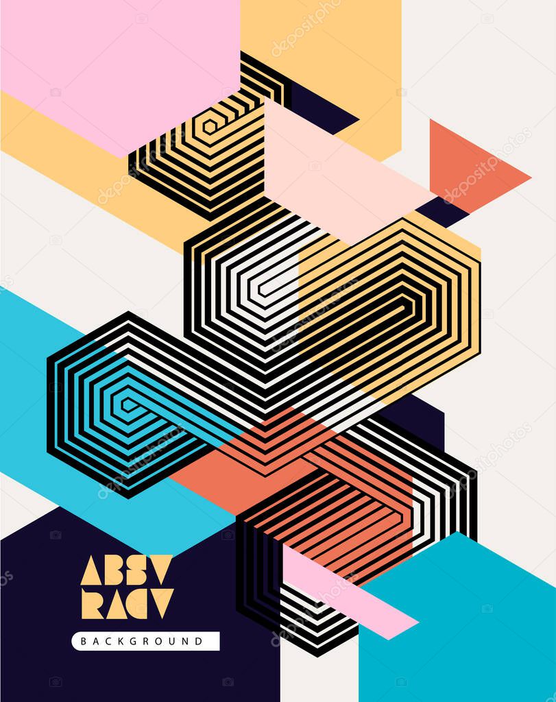Abstract retro background. Geometric poster with hexagon and lines. Dynamic color composition