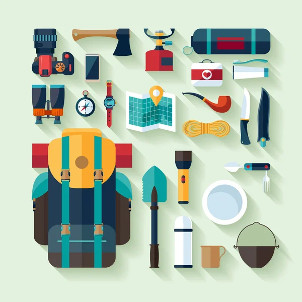 Equipo de camping. Diseño plano . — Vector de stock